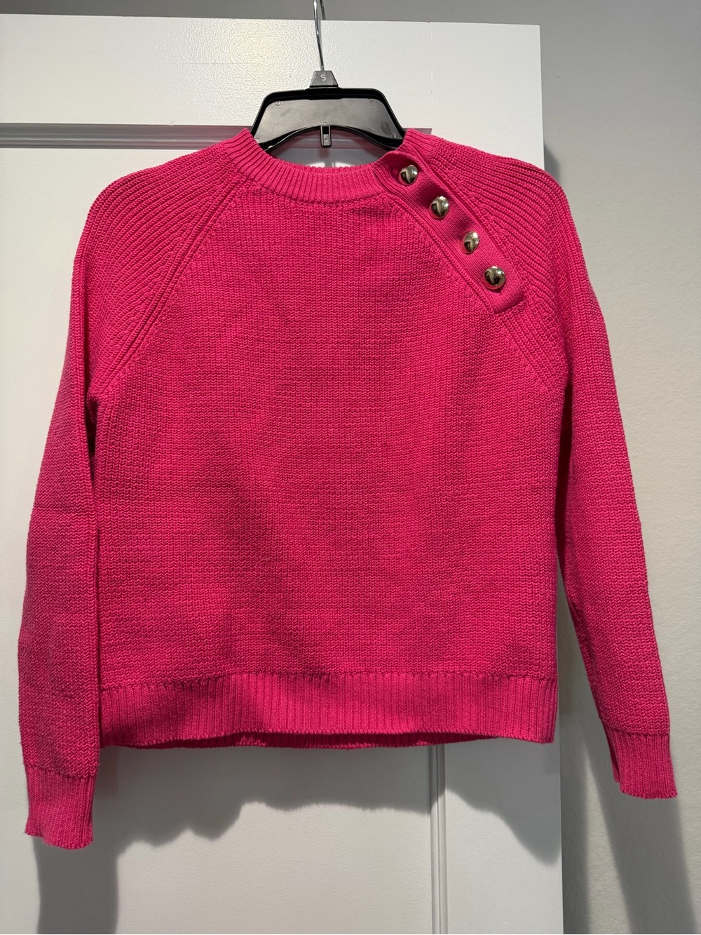 Sezane Hot Pink Button-Shoulder Knit Sweater